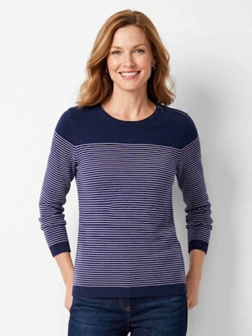 Talbots Sweater Navy Purple Striped Pullover Knit Cotton Blend Zipper Large